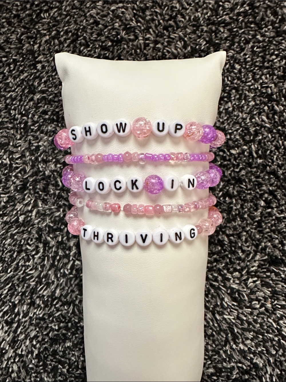Pink Motivational Beaded Bracelet Set - SHOW UP / LOCK IN / THRIVING
